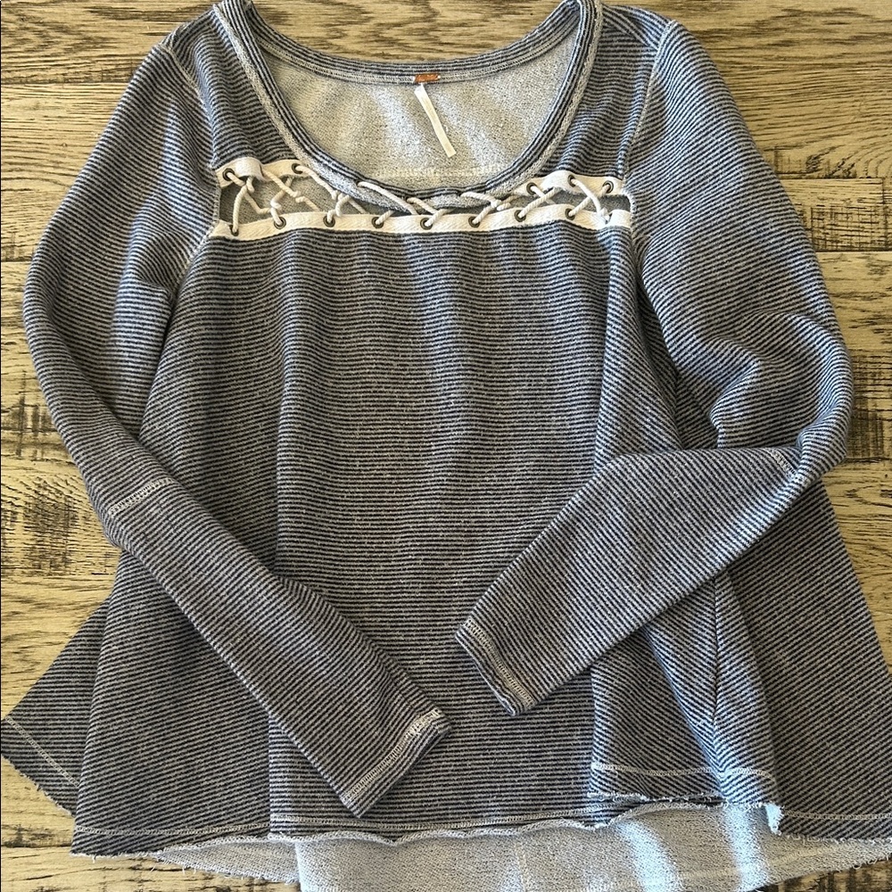 Free people xs cotton comfy lounge Lace-Up details Striped Top white grey blue